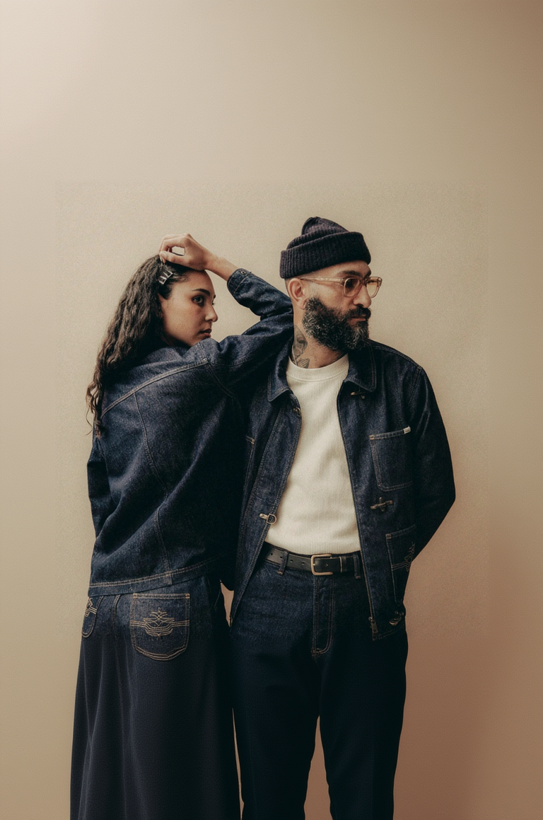 Two people wearing denim jackets against a beige background